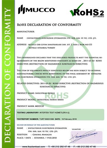 Mucco Industrial Horns RoHS Declaration